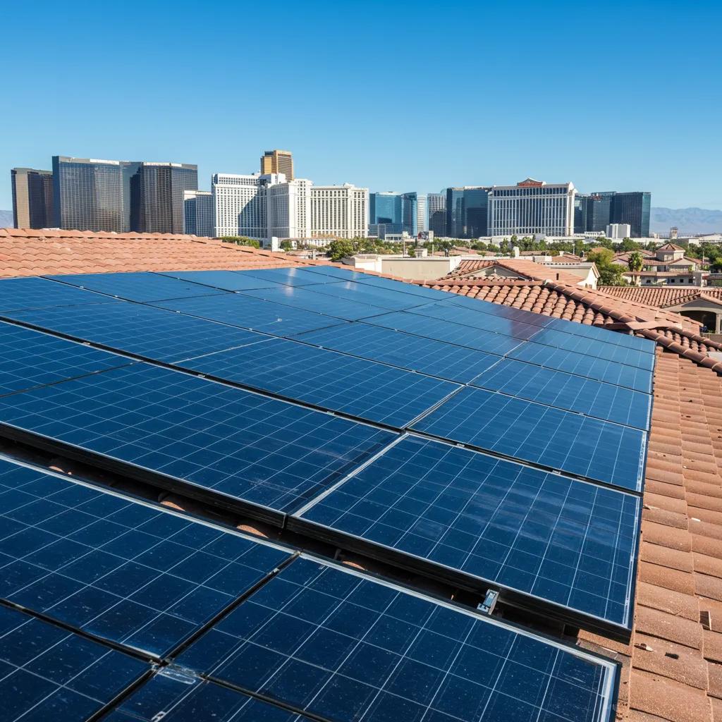 Residential rooftop solar panel installation in Las Vegas under a clear blue sky