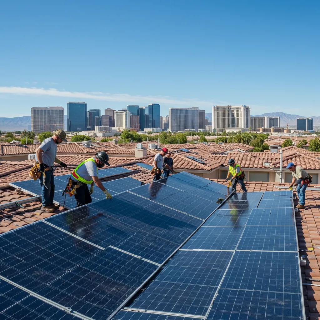 A team of solar panel installers working diligently on a residential rooftop under a bright, clear sky.