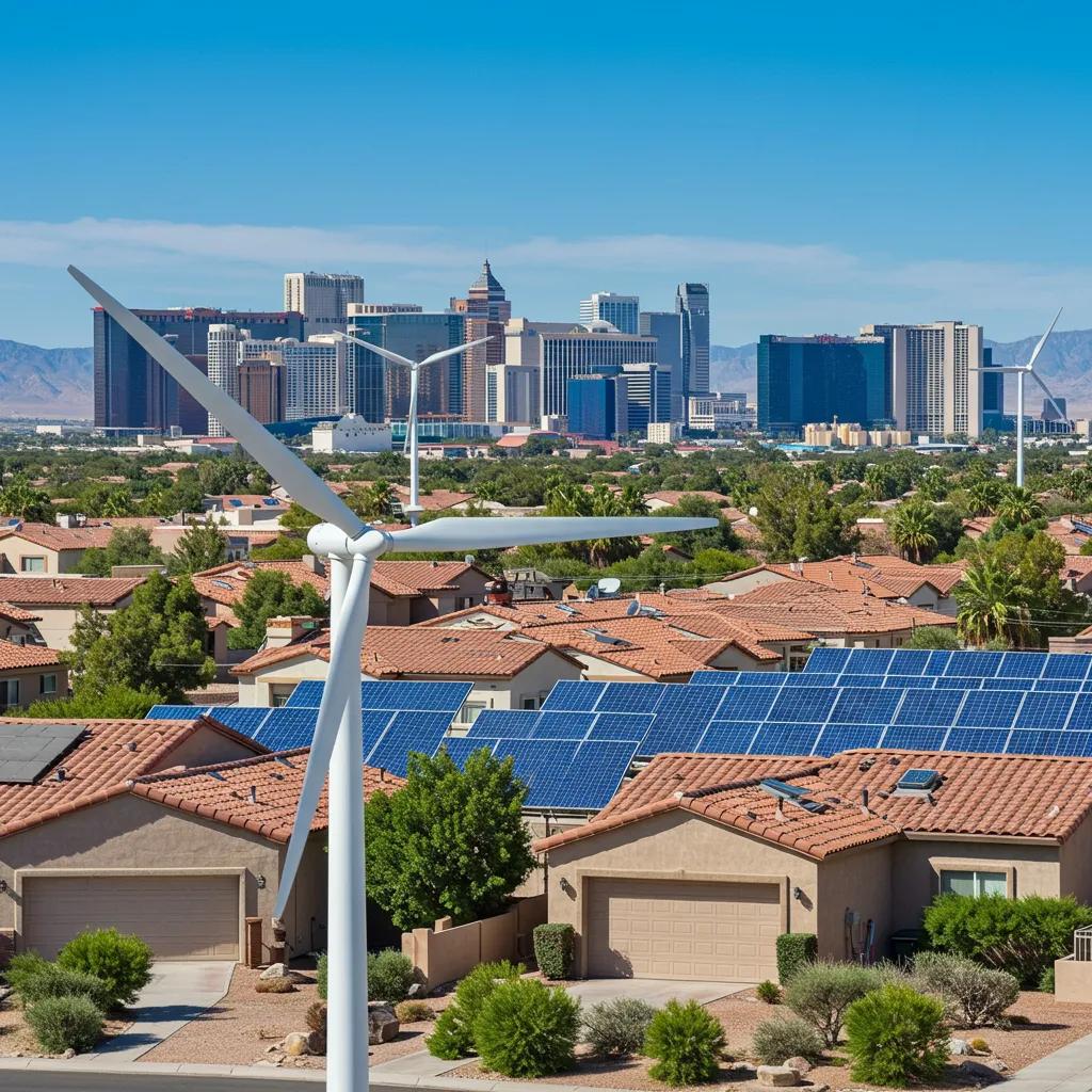 A residential wind turbine and solar panels are shown together in a Las Vegas setting, illustrating the combined benefits of renewable energy.