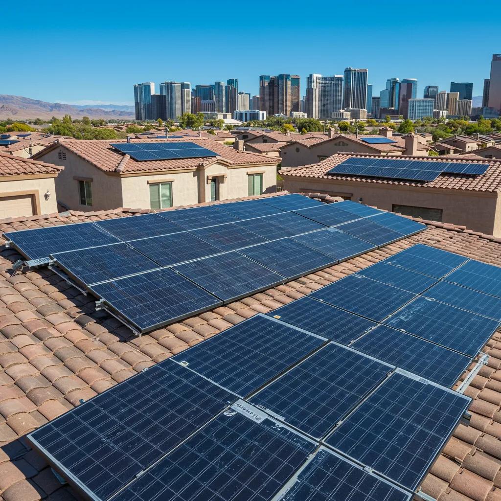 Rooftop solar panels in Las Vegas under a clear blue sky, highlighting energy efficiency