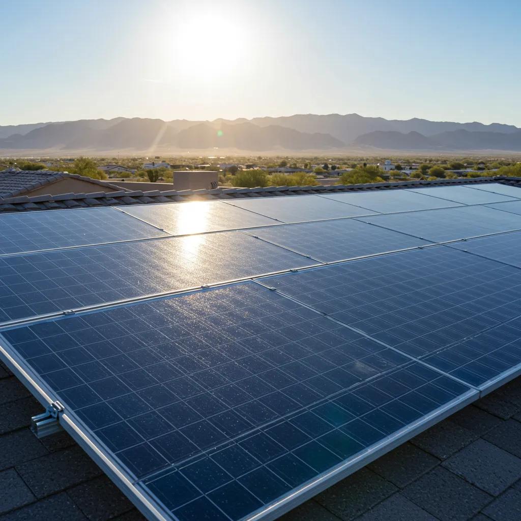 Solar panel installation on a Las Vegas rooftop under bright sunlight
