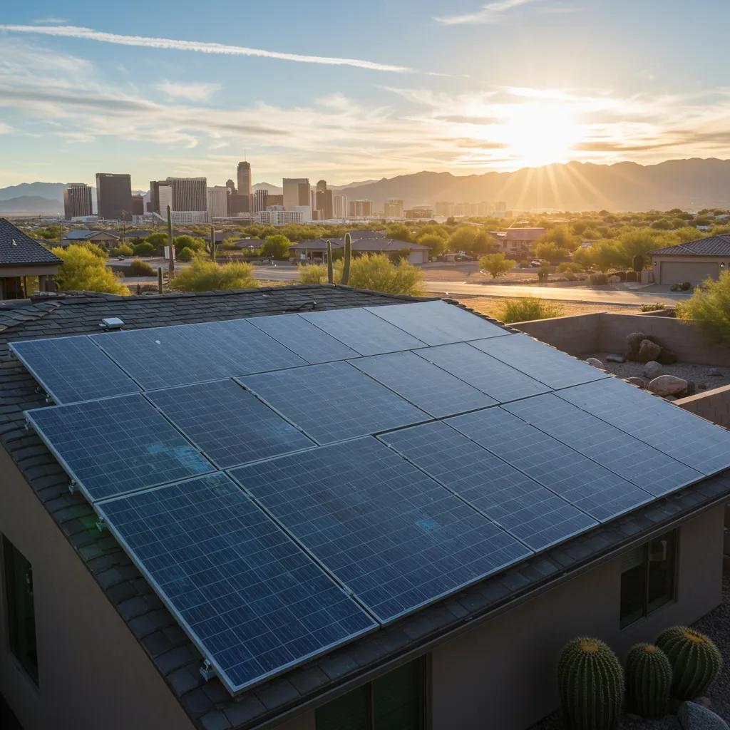 Solar panel installation on a modern Las Vegas home with the skyline in the background