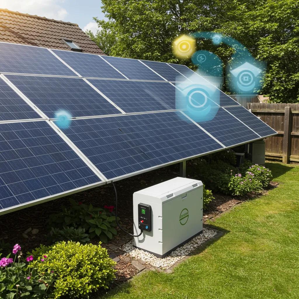 Solar panels and a battery storage unit in a backyard setting under a sunny sky
