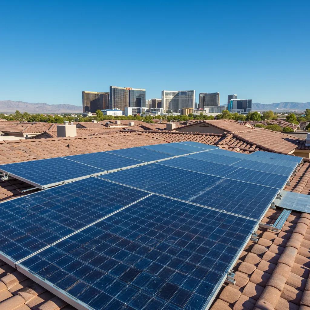 Solar panels gleaming on a Las Vegas home's roof under a brilliant sun