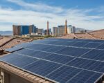Solar panels on a Las Vegas home with the skyline in the background, representing renewable energy benefits