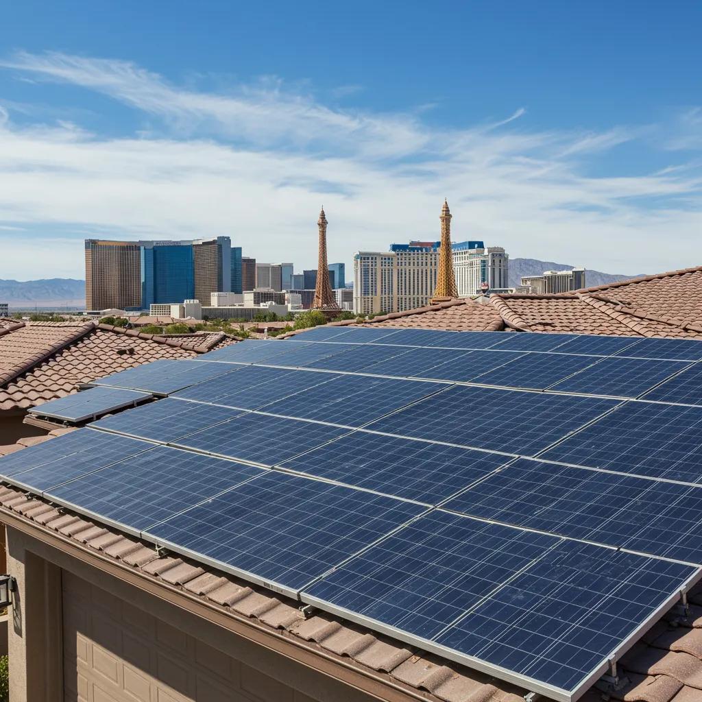 Solar panels on a Las Vegas home with the skyline in the background, representing renewable energy benefits