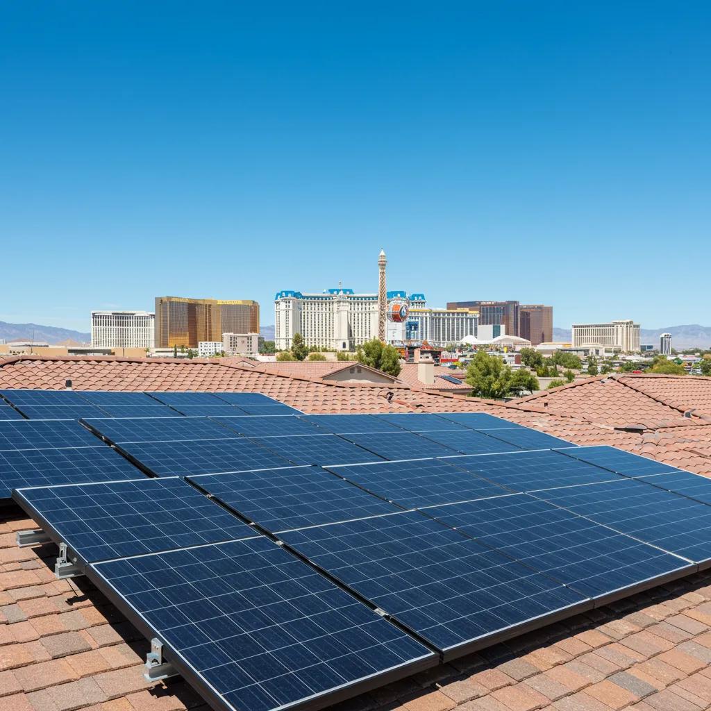 Solar panels on a rooftop in Las Vegas under a clear blue sky, representing energy efficiency and sustainability