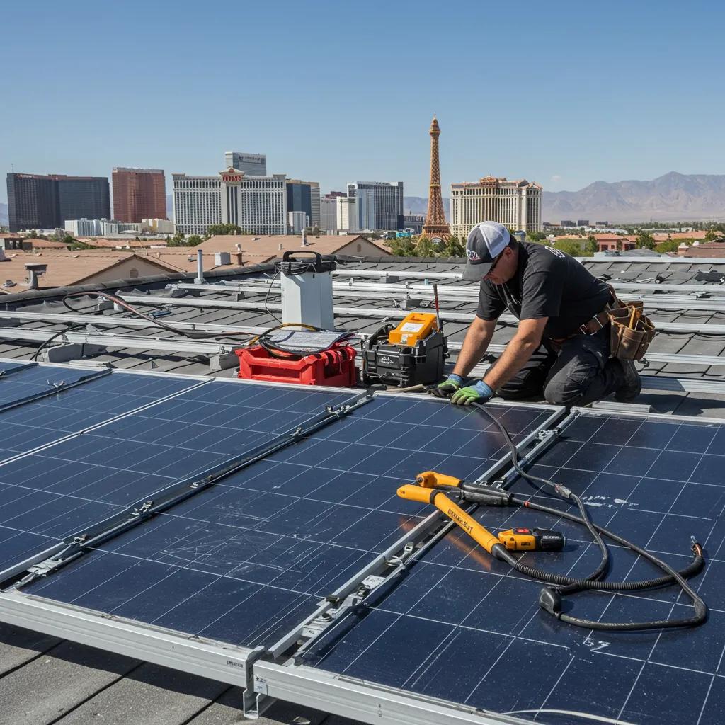 A technician carefully installing solar panels on a Las Vegas rooftop