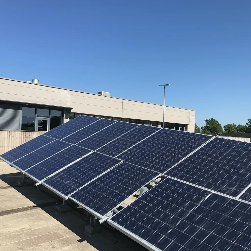 Thin-film solar panels on a modern building reflecting sunlight, showcasing innovative solar technology
