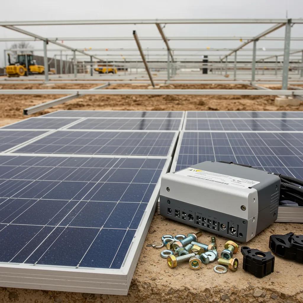Close-up of solar panel installation materials including photovoltaic modules and inverters, illustrating eligible costs for tax credit